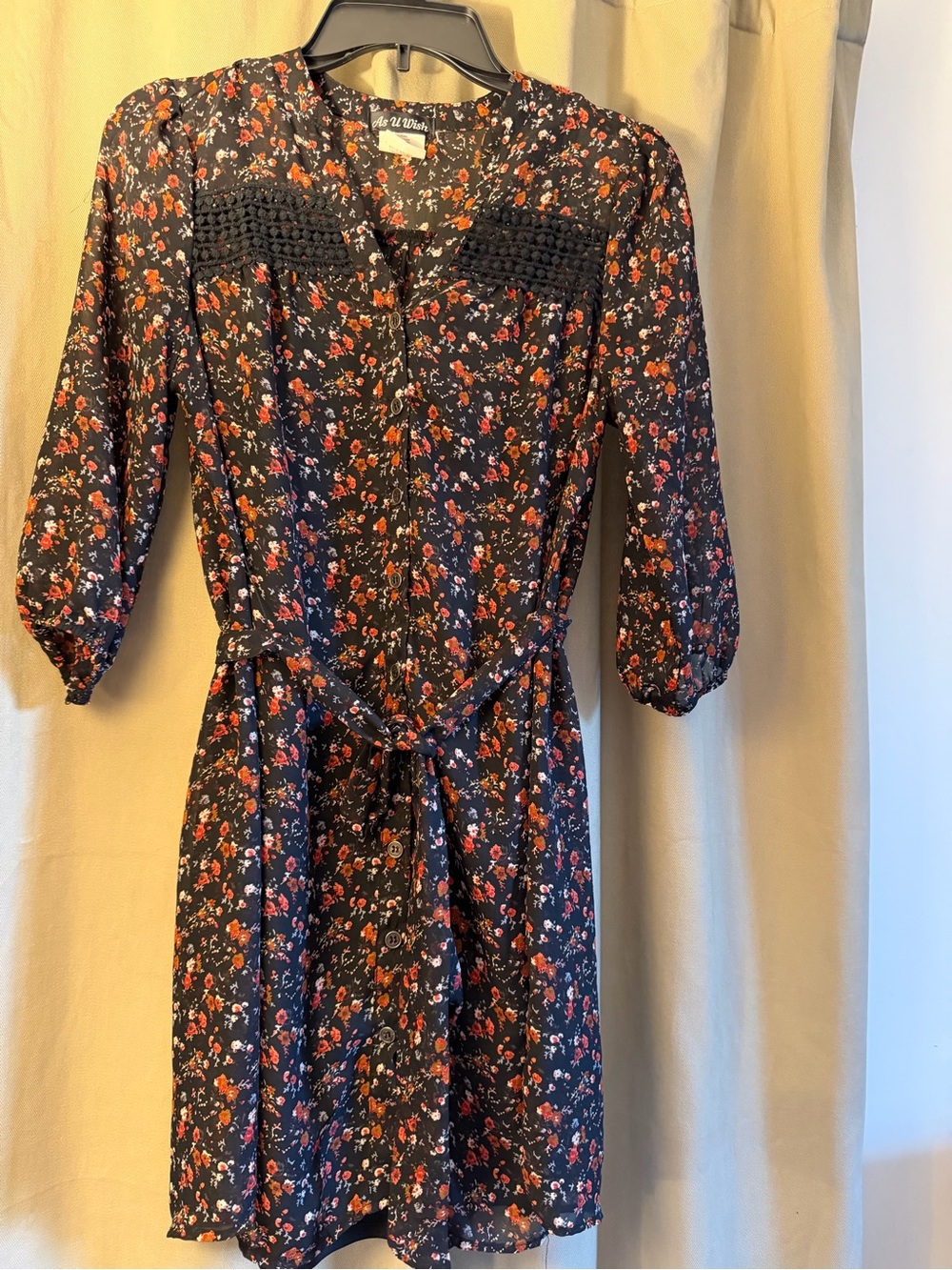 Beautiful Boho Button-Front Tie-Waist Dress with Crochet Yoke and separate slip
